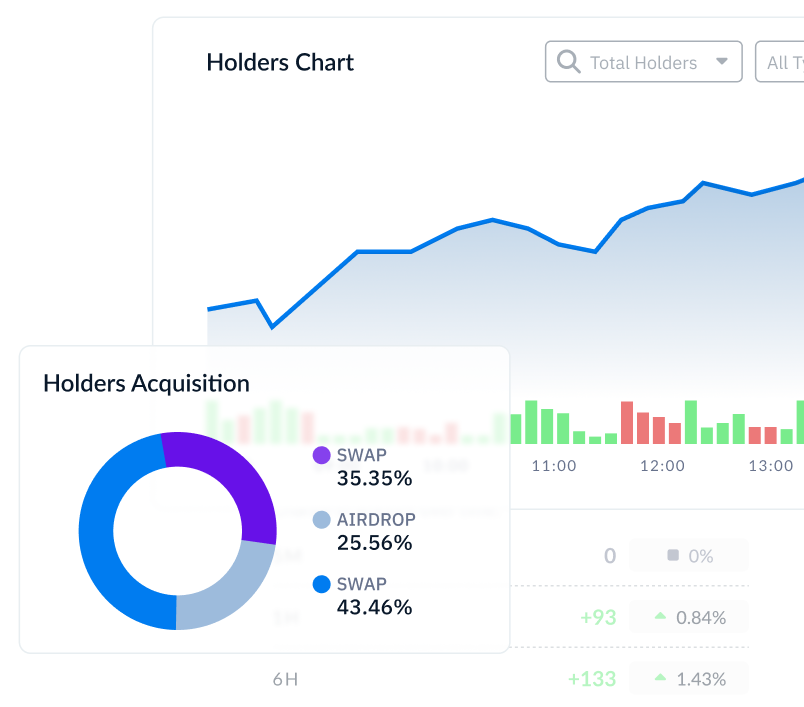 Analytics dashboard showing token holders chart and acquisition sources for stablecoins, including swaps, airdrops, and inflow/outflow data.