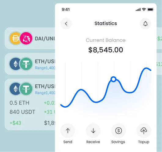 Crypto neobank dashboard showing live wallet balances, token prices, and transaction data powered by Blocklith APIs.