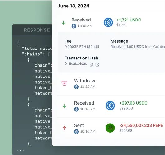 Crypto tax dashboard powered by Blocklith showing decoded wallet transactions, categorized receipts, fees, and on-chain transfers for USDC and PEPE tokens.