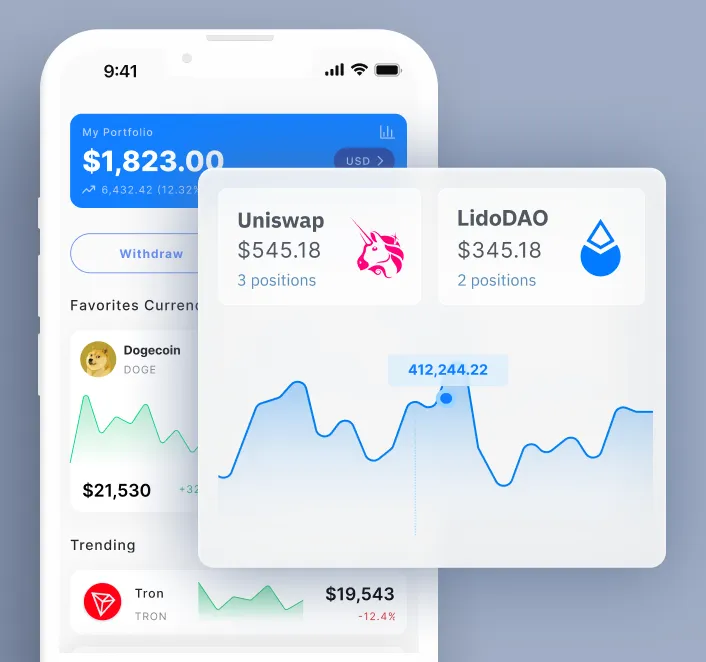 Mobile wallet and portfolio dashboard powered by Blocklith showing token balances, transactions, and analytics for Uniswap and LidoDAO.